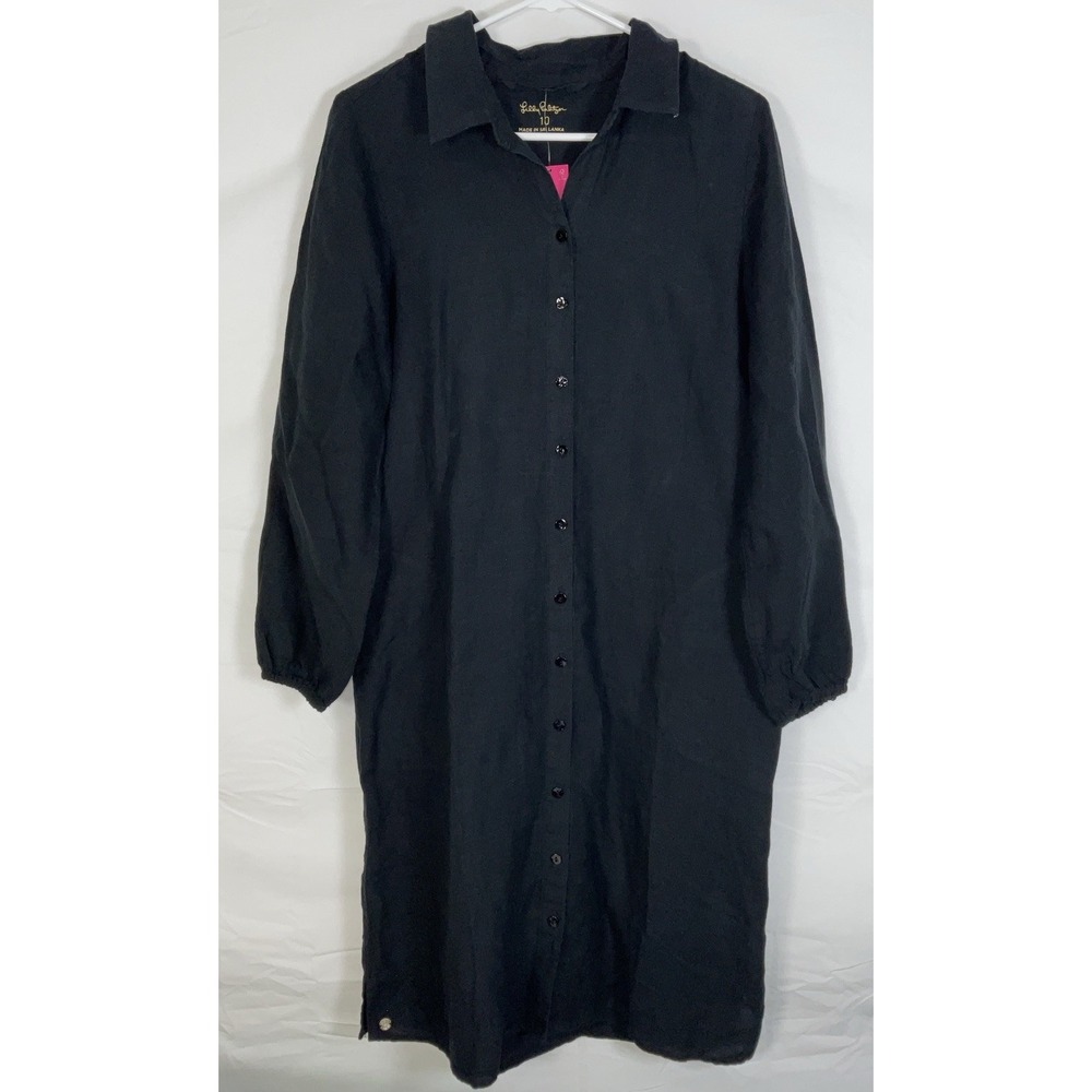 NWT Lilly Pulitzer Bethanne Long Sleeve Button Front 100% Linen Dress Black - 10